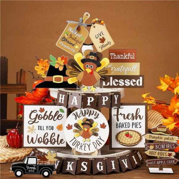 27 Pcs Thanksgiving Tiered Tray Decoration Turkey Thanksgiving Table Decoration - Picture 2 of 7